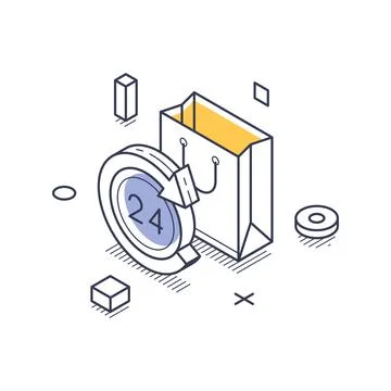Isometric vector illustration of a shopping bag with a 24-hour clock. Represe Stock Illustration