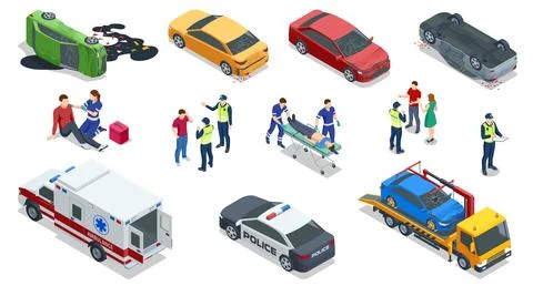Isometric vector illustration showing an accident scene with an ambulance イラスト素材