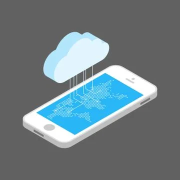 Isometric vector illustration showing the concept of cloud computing. From .. Stock Illustration