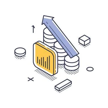 Isometric vector illustration showing stacks of coins with a rising arrow and 库存插图