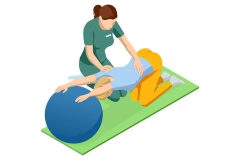 Isometric vector illustration showing therapist assisting female patient Stock Illustration
