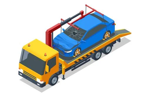 Isometric vector illustration showing a tow truck loading a car using its crane Stock Illustration