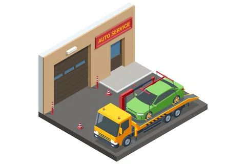 Isometric vector illustration of a small auto service garage with a tow truck Ilustración de archivo
