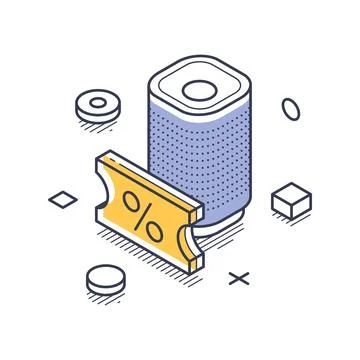 Isometric vector illustration of a smart speaker and a discount coupon. Repre Stock Illustration