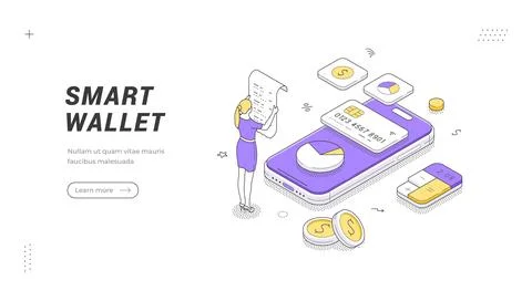 Isometric vector illustration of a smart wallet concept. Mobile banking appli Stock Illustration
