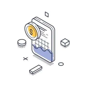 Isometric vector illustration of a smartphone displaying a financial chart wi Stock Illustration
