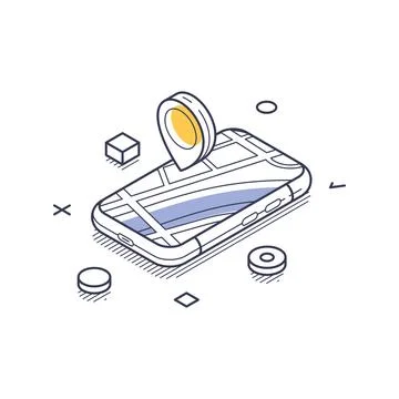 Isometric vector illustration of a smartphone with a map and GPS pin. Symboli Stock Illustration