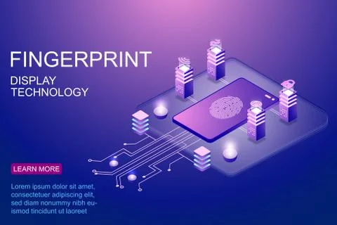 Isometric vector illustration of smartphone protected by fingerprint scan for Illustration