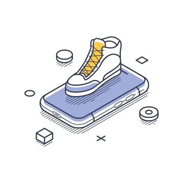 Isometric vector illustration of a sneaker on a smartphone. Represents online Stock Illustration
