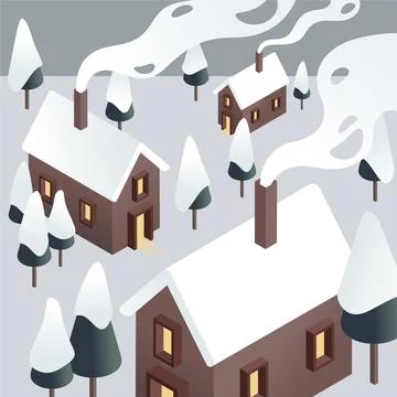Isometric vector illustration of snowy winter village. Illustrazione stock