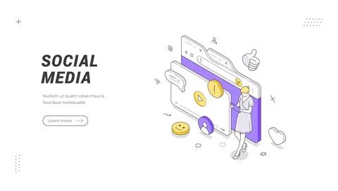 Isometric vector illustration of social media. A digital marketing and commun Ilustración de archivo