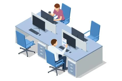 Isometric vector illustration of a tech-savvy coworking zone with dual monitors Ilustração Stock