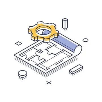 Isometric vector illustration of technical engineering. A gear on a blueprint Illustration