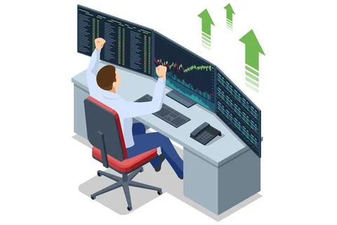 An isometric vector illustration of a trader celebrating in front of multiple Ilustración de archivo
