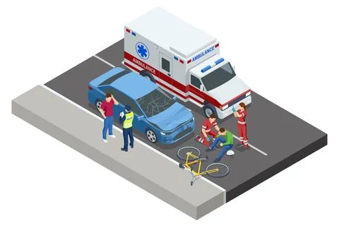 An isometric, vector illustration of a traffic accident involving a car and a Stock Illustration