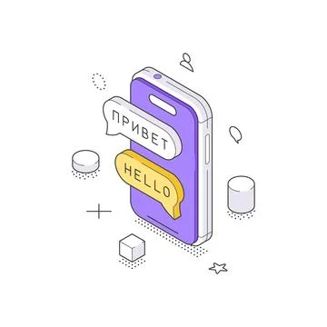 Isometric vector illustration of a translation service. Mobile phone with cha Stock Illustration