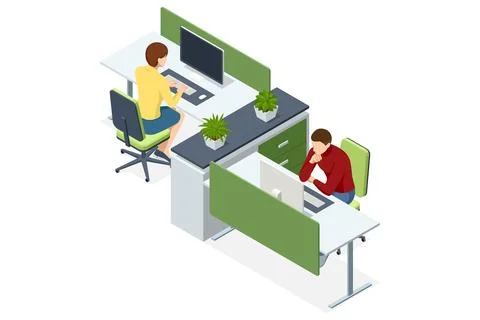 Isometric vector illustration of two coworkers working at a shared desk with Stock Illustration