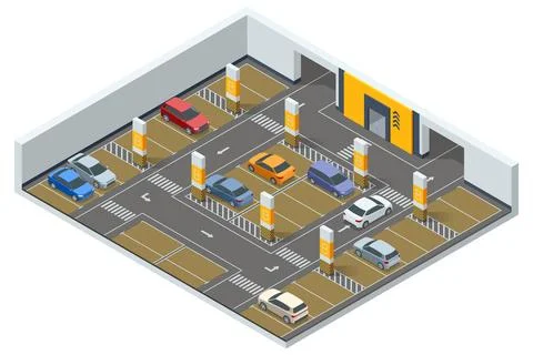 Isometric vector illustration of an underground parking lot featuring bright Stock Illustration
