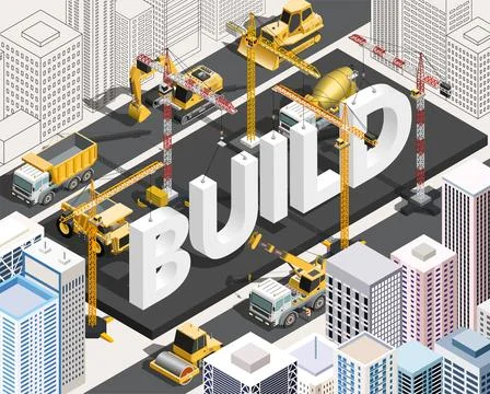 Isometric vector illustration of an urban construction site with heavy mach.. 库存插图