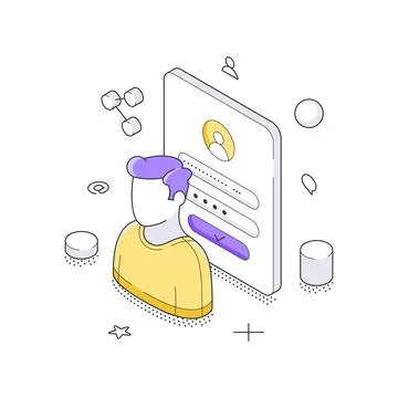 Isometric vector illustration of user authentication. A person logging into a Stock Illustration