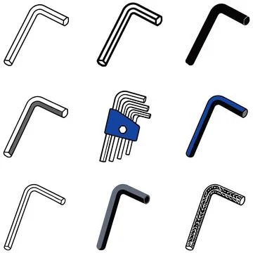 Isometric vector illustration of various hex key tools arranged on a white .. 库存插图