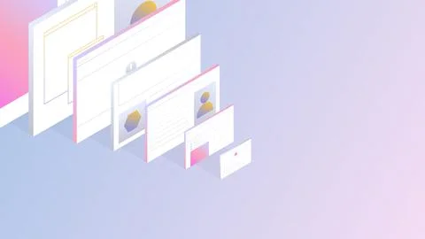Isometric vector illustration with web pages and user interfaces. Illustrazione stock