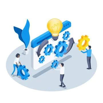 Isometric vector illustration on a white background, people with gears next t 库存插图