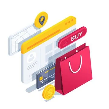 Isometric vector illustration..  on a white background, a big red shopping ba Stock Illustration
