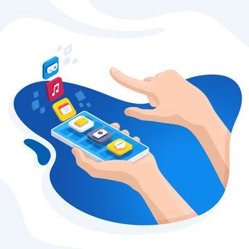 Isometric vector illustration on a white background, a hand holds a smartphon Illustrazione stock