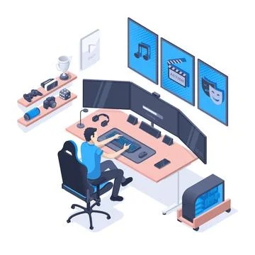 Isometric vector illustration on a white background, a man sits at a desk and Stock Illustration