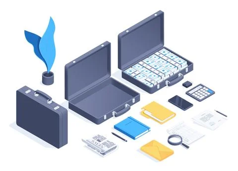 Isometric vector illustration on white background, business case closed and o Stock Illustration