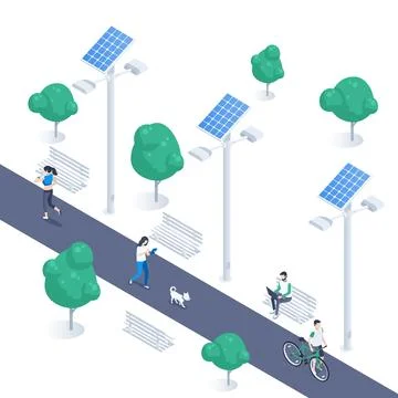 Isometric vector illustration on white background, lamppost with solar batter Stock Illustration