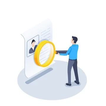 Isometric vector illustration on a white background, a man with a magnifying  스톡 일러스트