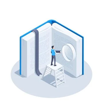 Isometric vector illustration on a white background, a man with a magnifying  Stock Illustration