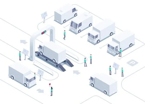 Isometric vector illustration on a white background, parking and weighing tru Stock Illustration