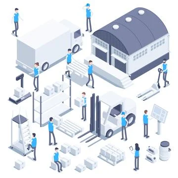 Isometric vector illustration on a white background, people work in a warehou イラスト素材