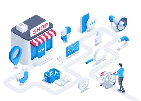 Isometric vector illustration on a white background, a man with a shopping ca 스톡 일러스트