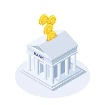 Isometric vector illustration on a white background, bank building and golden Stock Illustration