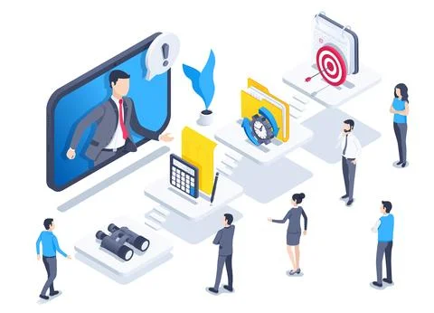 Isometric vector illustration on a white background, business icons on platfo 스톡 일러스트
