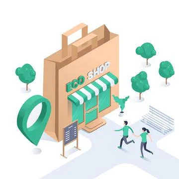 Isometric vector illustration on a white background, eco shop in the form of  Illustrazione stock