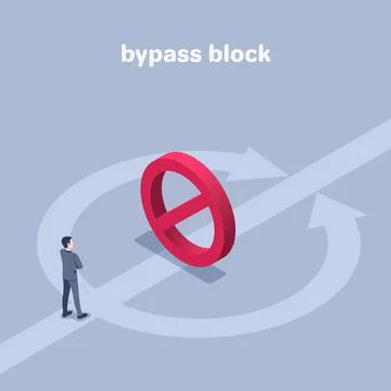 Isometric vector illustration on a white background, bypass block, a man in a Ilustración de archivo