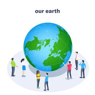 Isometric vector illustration on a white background, the globe and people nea 库存插图
