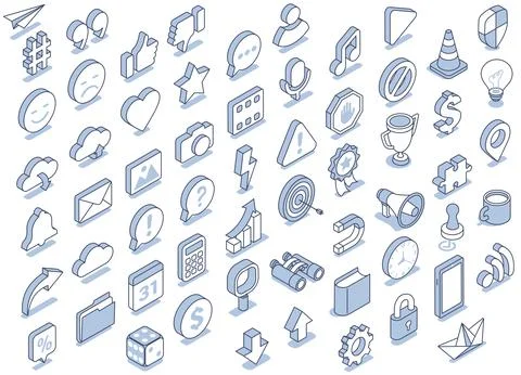 Isometric vector illustration on a white background, a large set of icons on  Stock Illustration
