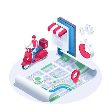 Isometric vector illustration on a white background, a man on a red scooter f Stock Illustration