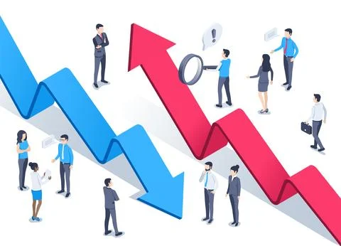 Isometric vector illustration on a white background, rising and falling arrow Illustrazione stock