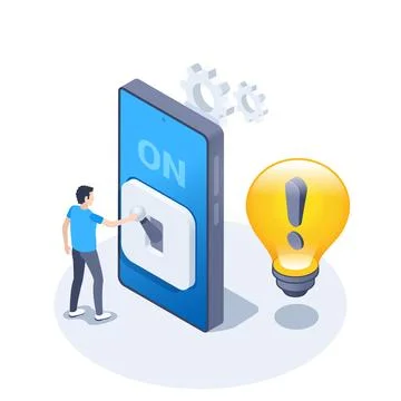 Isometric vector illustration on a white background, a man presses the switch Stock Illustration