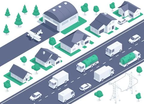 Isometric vector illustration on a white background, country road with moving 스톡 일러스트