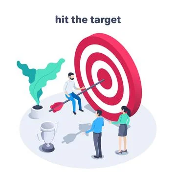 Isometric vector illustration on a white background, hit the target, a man si Stock Illustration