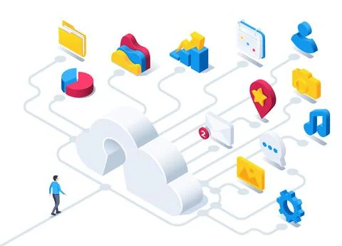 Isometric vector illustration on a white background, a man goes to the cloud  Stock Illustration