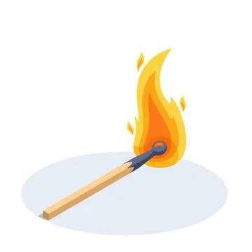 Isometric vector illustration on a white background, a burning match lies on  Stock Illustration
